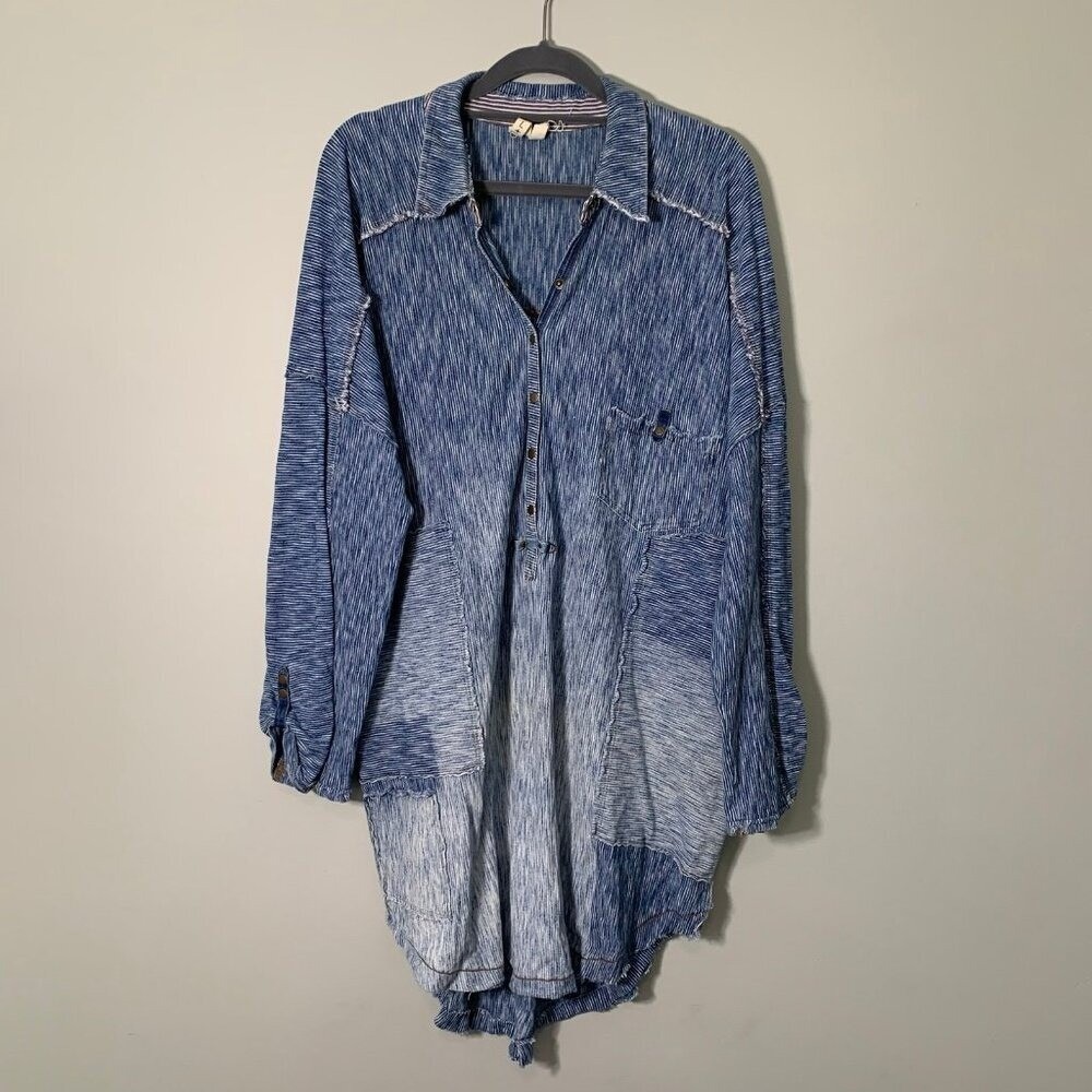 We The Free Free People Womens Oversized Denim Patchwork Tunic Ombre Blue Large - Picture 2 of 11